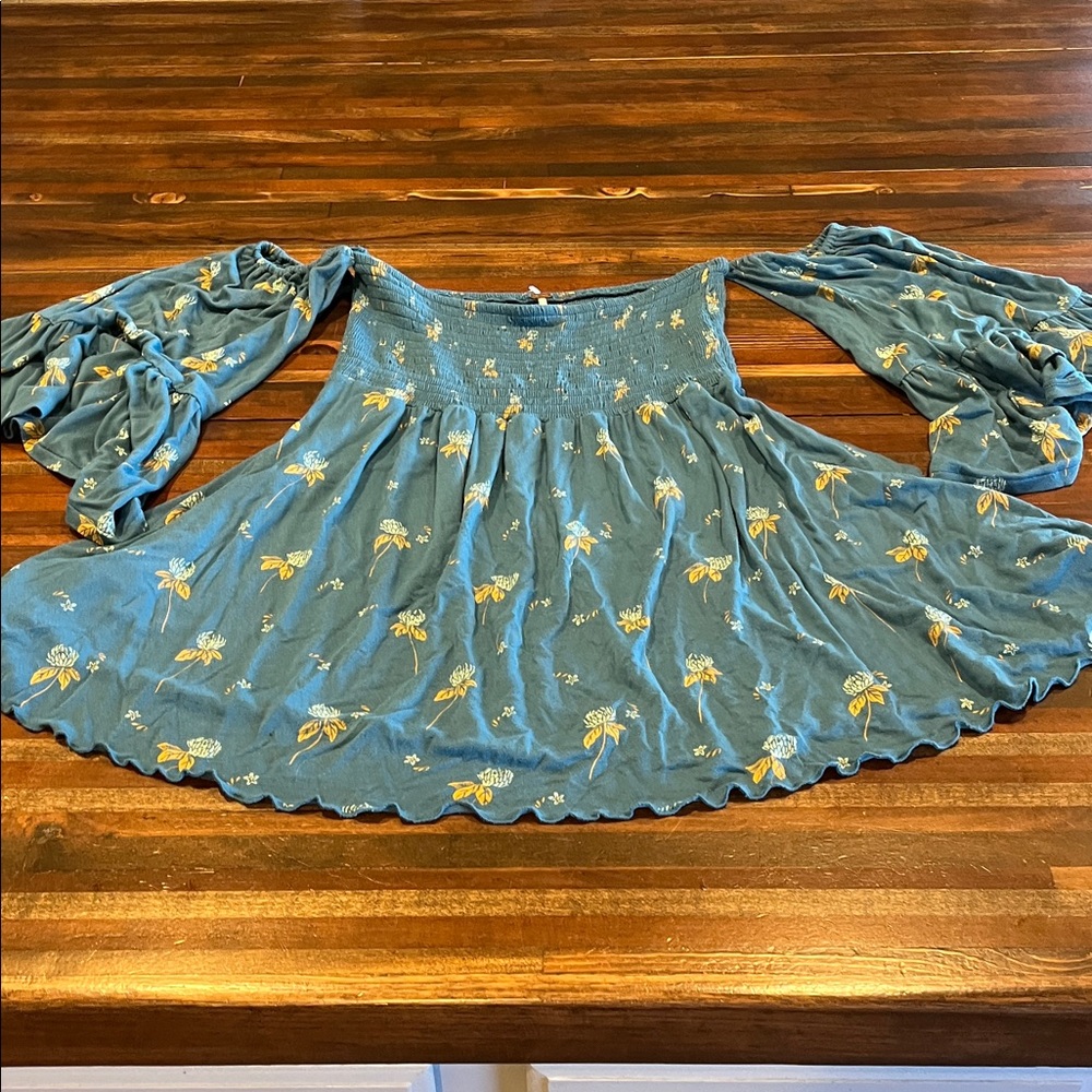 FREE people Off-Shoulder Blue Floral Smocked Peasant Top
